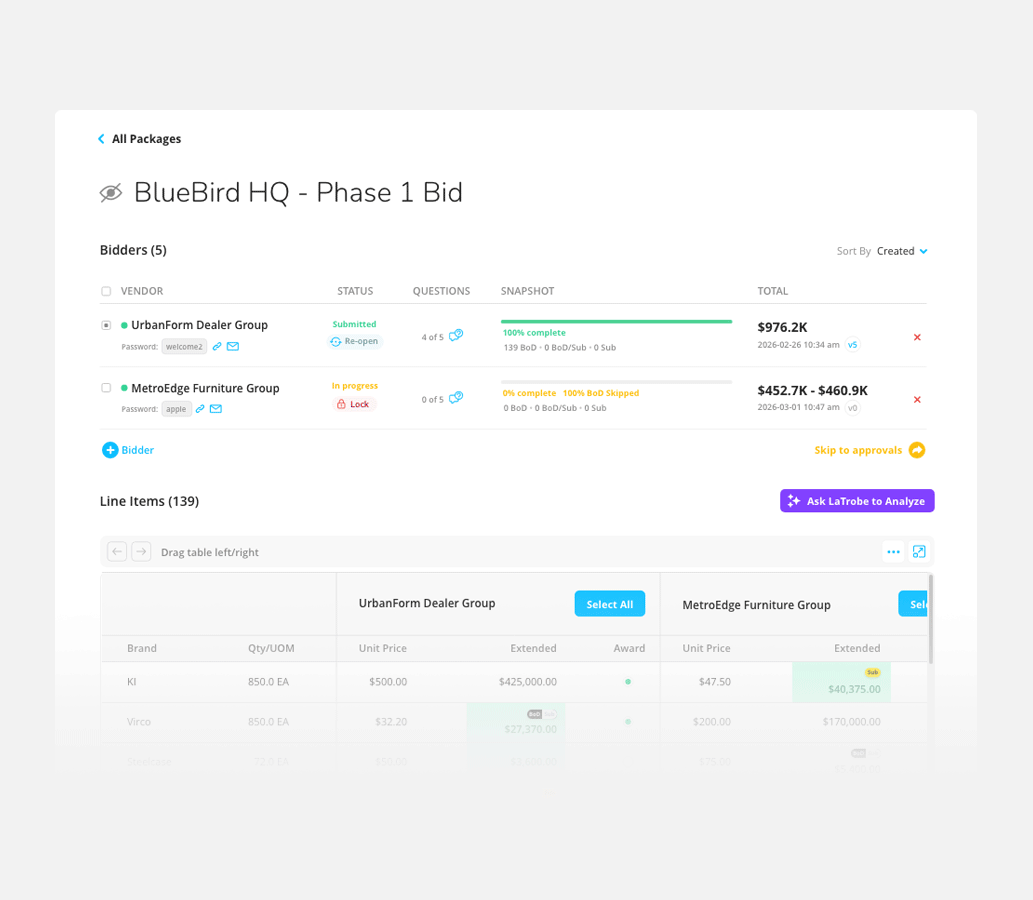 Animated demo of analyzing bid responses side-by-side