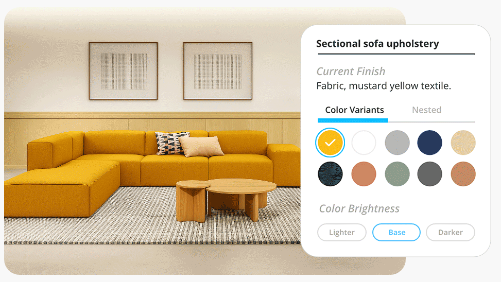 Animated demo of editing product images: materials, colors, and finishes